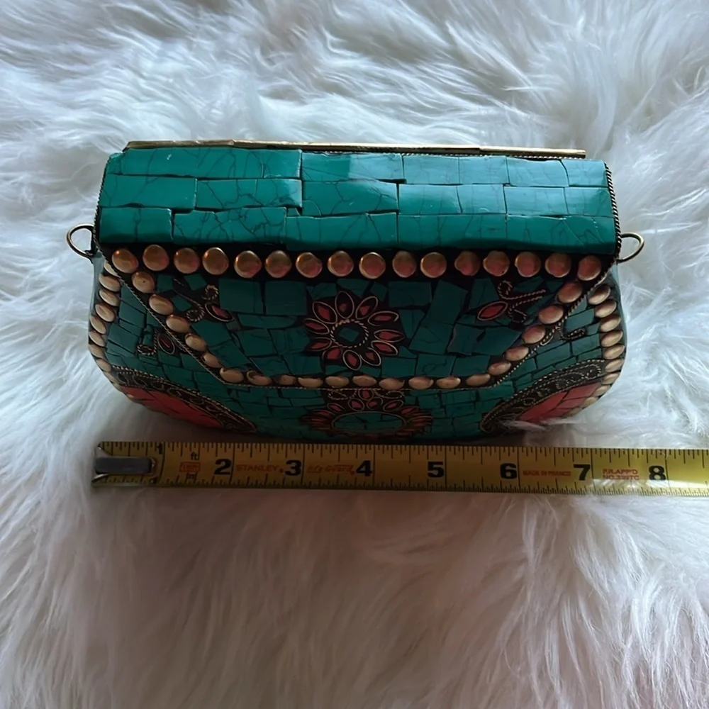 🆕 RAMLA Handmade Moroccan Turquoise Tile Mosaic Clutch Crossbody Bag Gold Chain